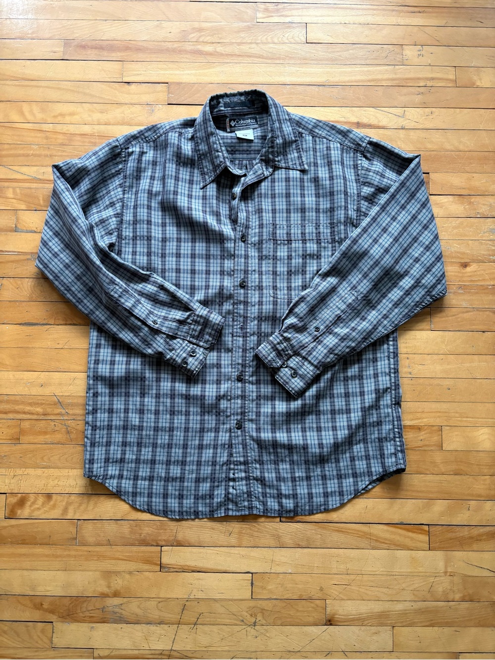 Columbia Men’s Blue and Gray Plaid Button-Down Shirt